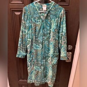 Collection ETC Womens House Dress Green Paisley Long Sleeve L Fleece Pocket